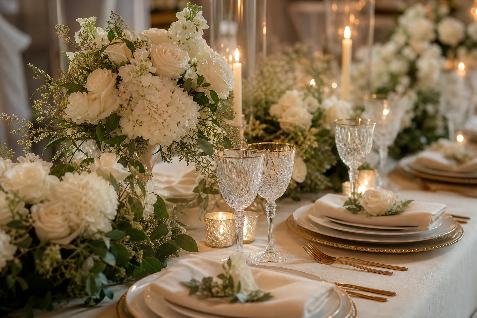Mesa de recepción con flores y copas