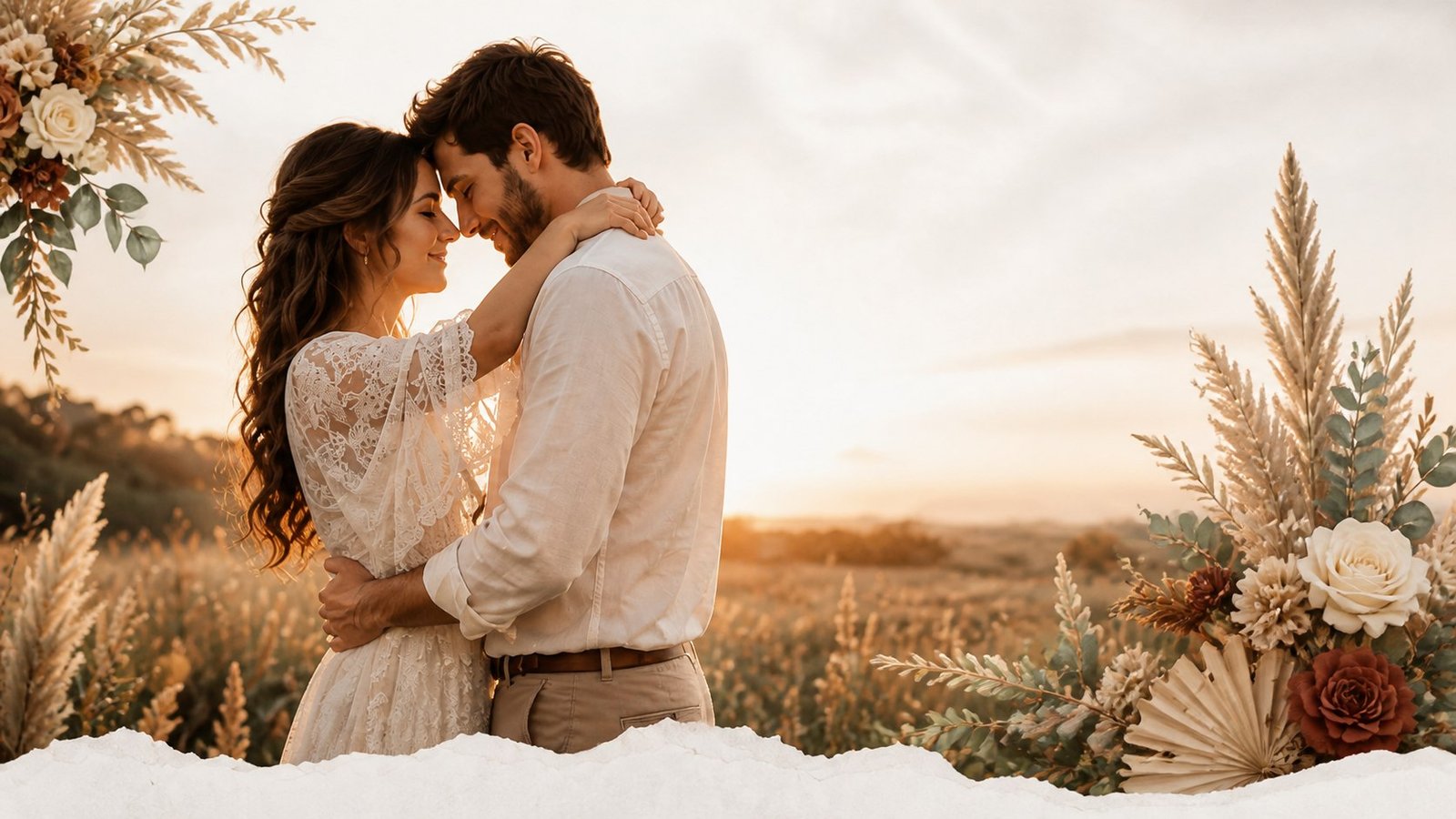 Novia y novio abrazados al atardecer