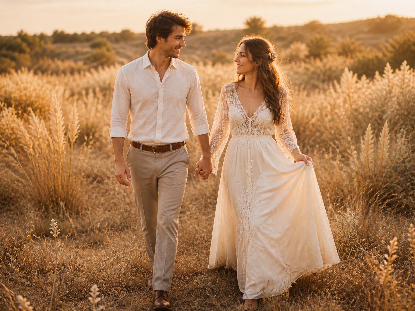 Ana y Luis caminando juntos al atardecer